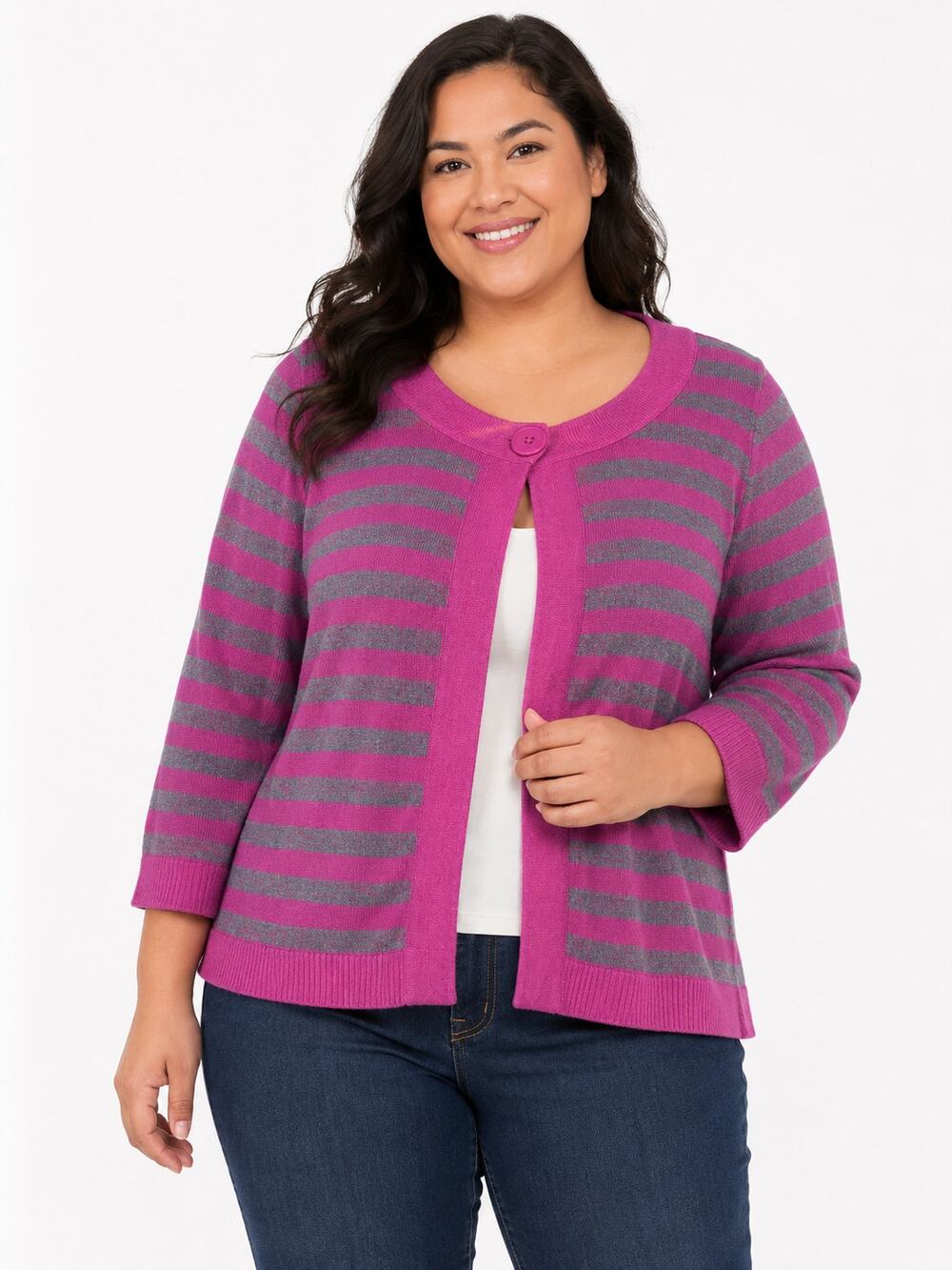 Croft & Barrow Women’s XL Pink Gray Striped 3/4 Sleeve Cardigan Sweater EUC